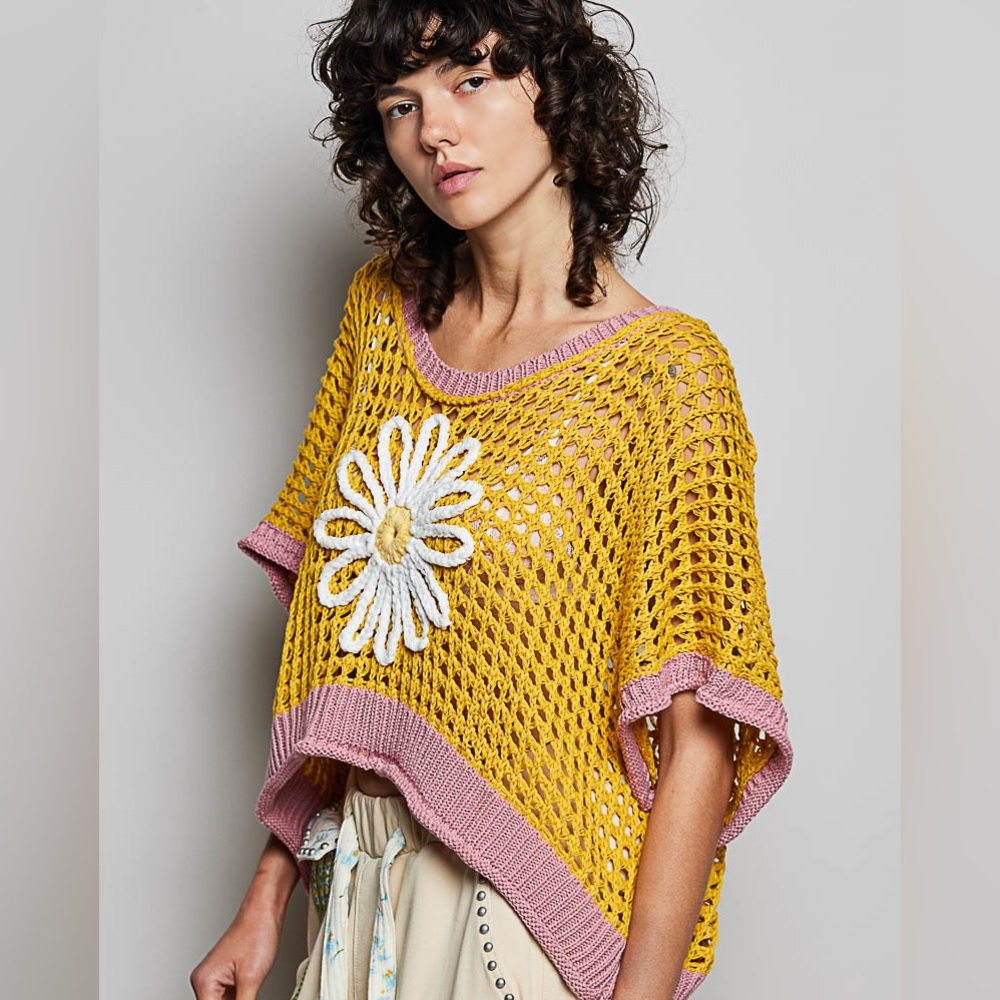 POL Daisy Sweater Open Weave Crochet Boho Knit Yellow Small NWT Festival - Picture 7 of 8